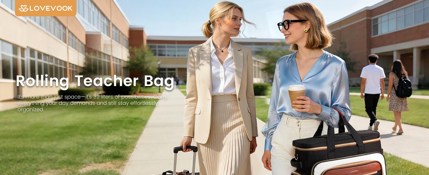 【Mother's Day Gift】LOVEVOOK Rolling Teacher Bag with Detachable Dolly and Laptop Compartment, Large Rolling Tote Bag fits for 17.3" Laptop for Teacher Office Work Craft Nurse, Quilted-Black summervibes