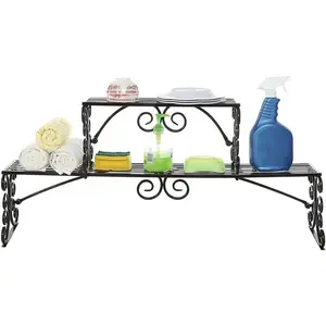 Black 2 Tier Over-the-Sink Metal Scrollwork Design Storage Shelf Rack
