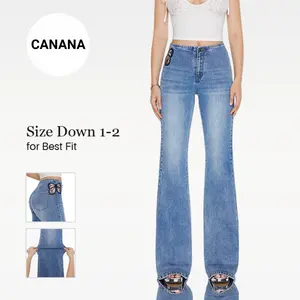 CANANA Butterfly Lace Embroidery High Rise Flared Jeans for Women Stretchy Minimalist Denim Mid Blue Wash Plus Size Regular Size Spring Fashion Daily Outfits SH25F04 #TikTokShopSpringGlowUp