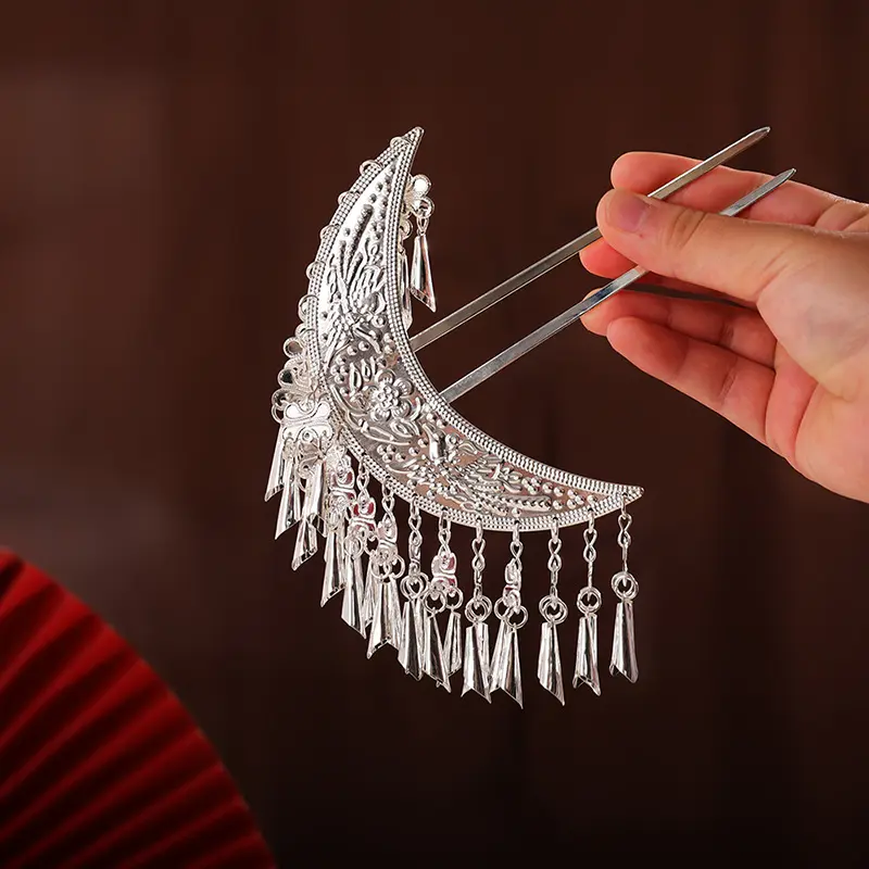 Women's Half-Moon Metal Hair Pin - Miao Ethnic Style Hair Accessories, for Females' Hanfu-Qipao Cosplay Wear, Ceremonies, Exquisite Pack