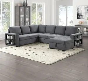 Stockwell Modern Charcoal Gray U-Shaped Sectional Sofa with Chaise, Built-in Storage Shelves & Hidden Ottoman Compartment – Space-Saving Sleeper Design