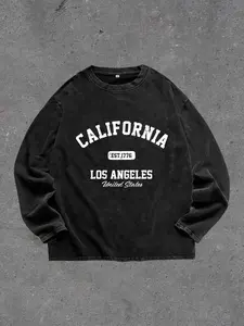 Men's Los Angeles Washed Vintage Round Neck Long Sleeve T-Shirt, Crewneck, Casual Fitted Style, Random Print, All Seasons Wear