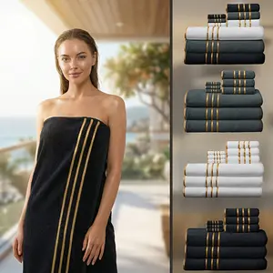 9-piece luxury towel set |     3 extra-large bath towels (35.43x 70.87inch ), 3 hand towels (13.78x 29.53inch ), 3 face towels (11.81x 11.81inch ) - Ultra-soft plush fabric, quick-drying and absorbent, elegant gold trim, suitable for bathroom, spa
