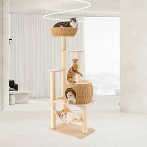 Premium 5-Tier Cat Tower with Scratching Posts - Cozy Wicker Condo, Spacious Perches & Hanging Hammock, All-in-One Cat Playground