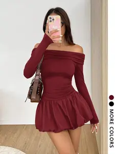 Women's off Shoulder Long Sleeves Ruched Fitted Bodycon Short Dress, Burgundy Dress for Holidays, Casual Party Dress, Elegant and Stylish Everyday Wear