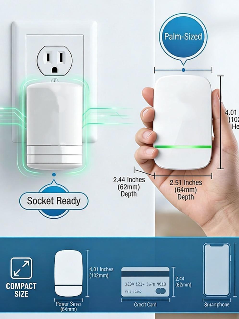 Smart plug, voltage optimization, surge protection, temperature-controlled socket, home/office, compact, plug and play.
