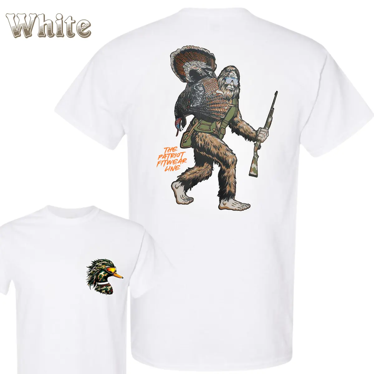 Bigfoot Hunter T-Shirt - Bigfoot Hunter Carrying Wild Turkey And Shotgun Back Print , Small Camo Duck Head Chest Logo , Hunting Outdoor Lifestyle , Turkey Season Weekend Wear , Gift For Hunter Dad Classic Casual Top