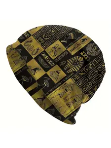 Egyptian Hieroglyphs Pharaoh Bonnet Beanie - Retro Thin Lightweight Unisex Hat with Golden on Black Ancient Motifs