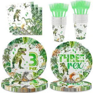 100 count Watercolor Dinosaur 3rd Birthday Party Supplies Dinosaur 3 Rex Birthday Party Decoration Includes Plates Cups Napkins Forks Tableware for Boys, Serves 20 Guests