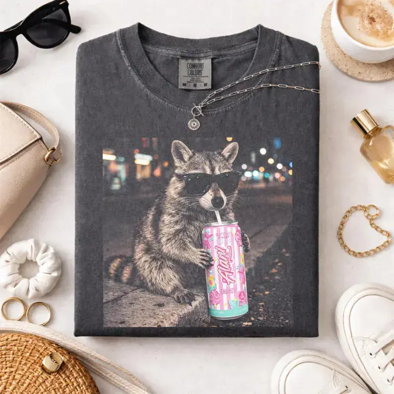 Women's Graphic T-Shirt, Comfort Colors Vintage Raccoon Meme Printed Tee, Soft Cotton Trendy Relaxed Fit Casual Top, Lady, Women's Clothes, T Shirts, Graphic Shirts