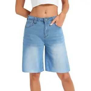 Genleck Women's Summer High Waisted Denim Bermuda Shorts - Classic Wide Leg Jorts with Subtle Raw Hem