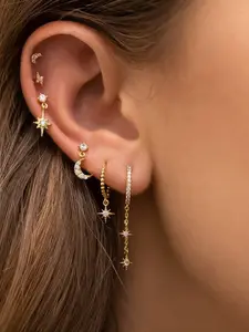 Women's Star Moon Asymmetric Stud Earrings, Hypoallergenic, 14k Plated, Ear Bone Friendly, 3 Pairs, Casual Style