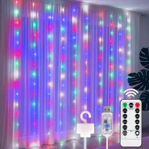 300 LED Fairy Curtain Lights, 9.8ft x 9.8ft  colorful Curtain String Lights, USB Plug in 8 Lighting Modes Christmas Decoration, Hanging Lights with Remote for Bedroom Indoor Weddings Dorm fairy lights birthday decorations string lights string lights
