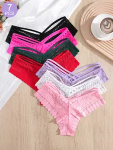 6/7/10/12PCS Sexy Comfortable Bikini Lace Hollow Tribal Pattern Women's Criss Cross Mid-Waist Triangle Panties, Fitted Style, All Seasons