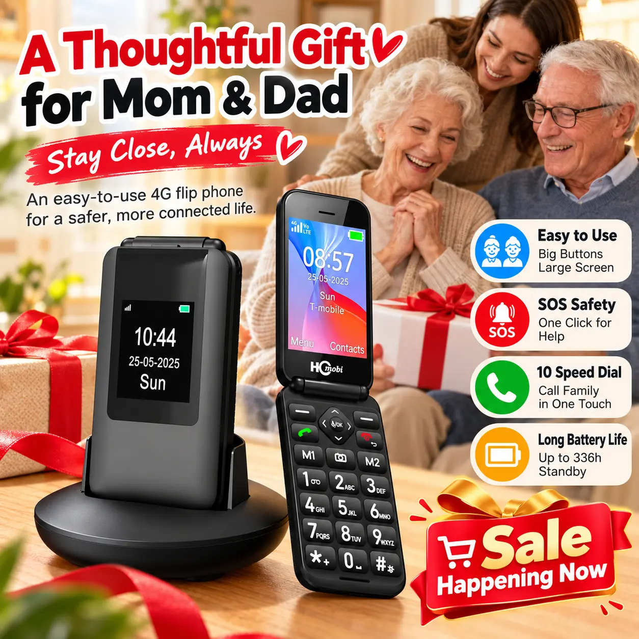 Portable Unlocked 4G LTE Flip Cell Phone for Seniors - 2.8 inches Display, Big Buttons, 14-Day Batteries, Loud Sound, SOS Alarm, USB-C Port, Type-C Charging Case, Standard Charging Cable, Single Sim Emergency Mobile Phone