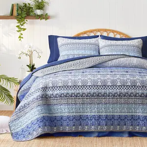 2 Pieces Colorful Bohemian Set Twin Size, Blue n Grey Boho Striped Printed Bedding Bedspread Coverlet Set for Summer, Soft Lightweight Microfiber with 1 Sham (68x86 inces)