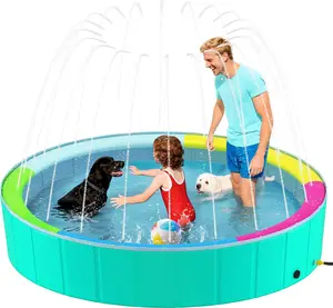 Foldable Dog Pool with Sprinkler for Large Dogs, Portable Hard Plastic PVC Pet Bathing Tub, Outdoor Collapsible Swimming Pool for Pets