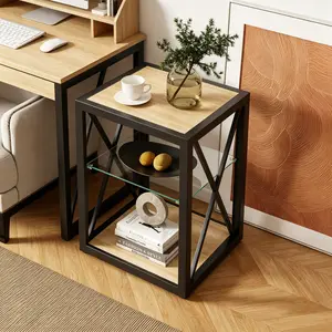 Industrial Modern End Table, Tempered Glass&Natural Wood Top, Compact Side Table for Bedroom Living Room Small Spaces, Couch Table for Apartment Home Office