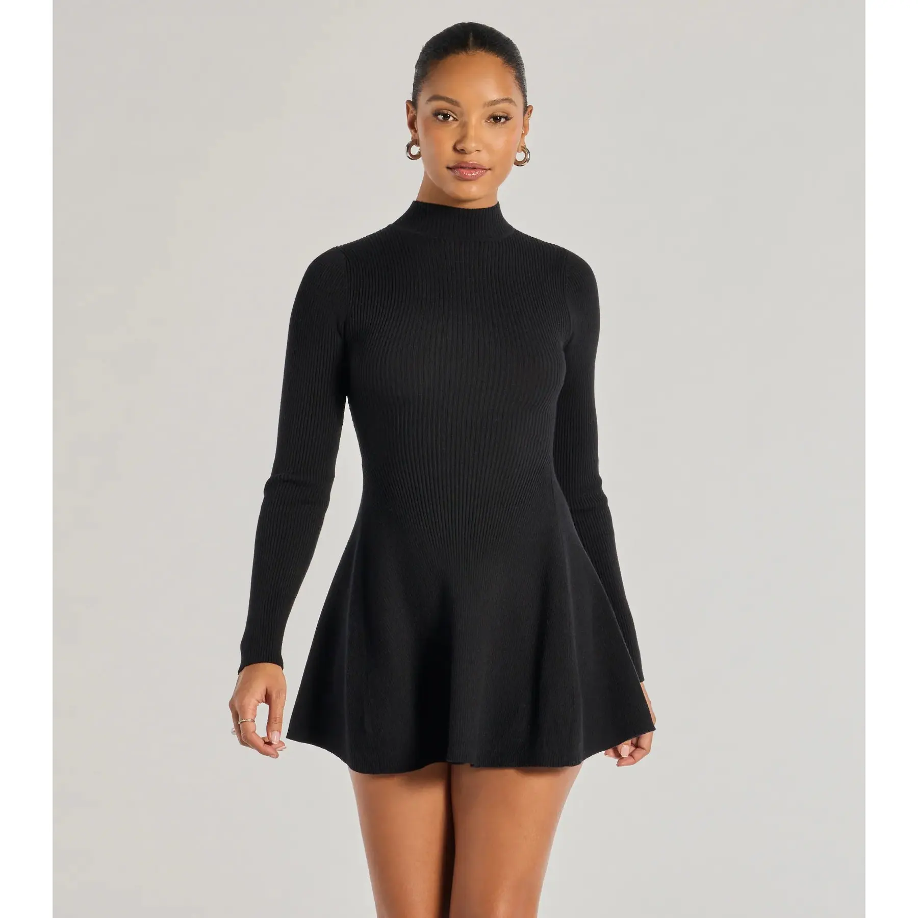 Cute And Cozy Mock Neck Knit Skater Dress