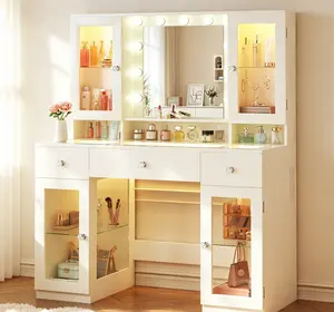 Vanity Desk with Mirror and RGB Lights, 43" Large Makeup Vanity with Glass Top, 4 Large Glass Cabinets, Power Outlet & 3 Drawers, 3 Colors Lighting Adjustable Brightness for Bedroom, White
