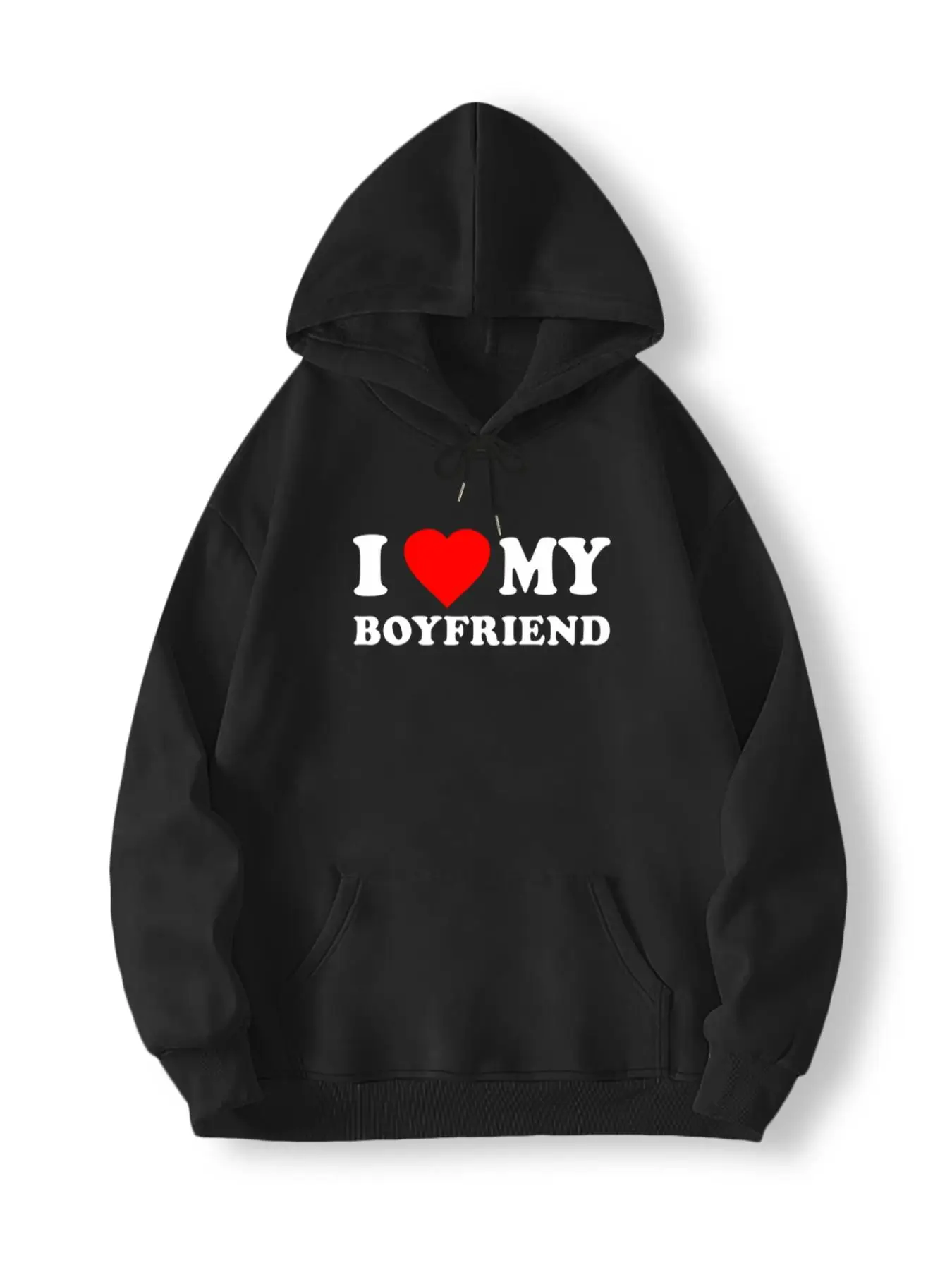 Men's Letter Heart Print Long Sleeve Drop Shoulder Drawstring Hoodie, Casual Longsleeves "I Love My BF" Print Pocket Hooded Sweatshirt, Men's Fall & W