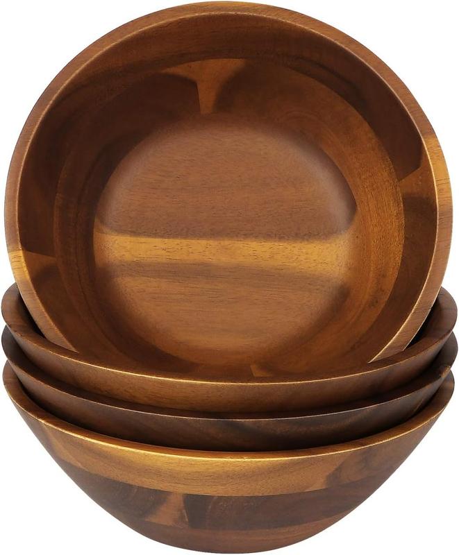 Set of 4 Acacia Wooden Serving Bowls, 7 Inch – Perfect for Salad, Soup, Noodles, and More
