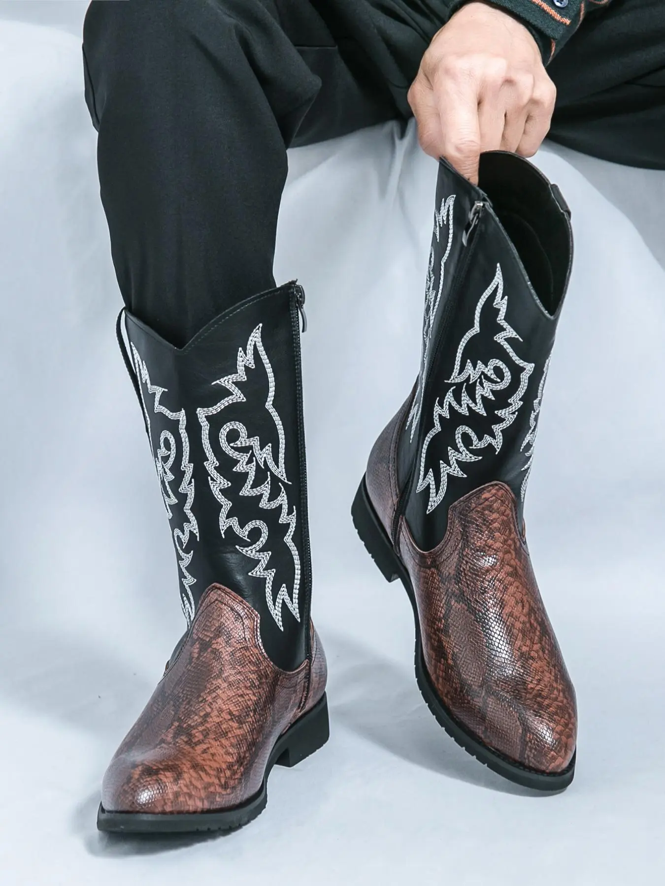 Men's Fashionable Snakeskin Print Embroidering Design Cowboy Boots, Business Style Pointed Toe Boots for Daily Wear, Fashion Shoes for Party, Daily Clothing Decor