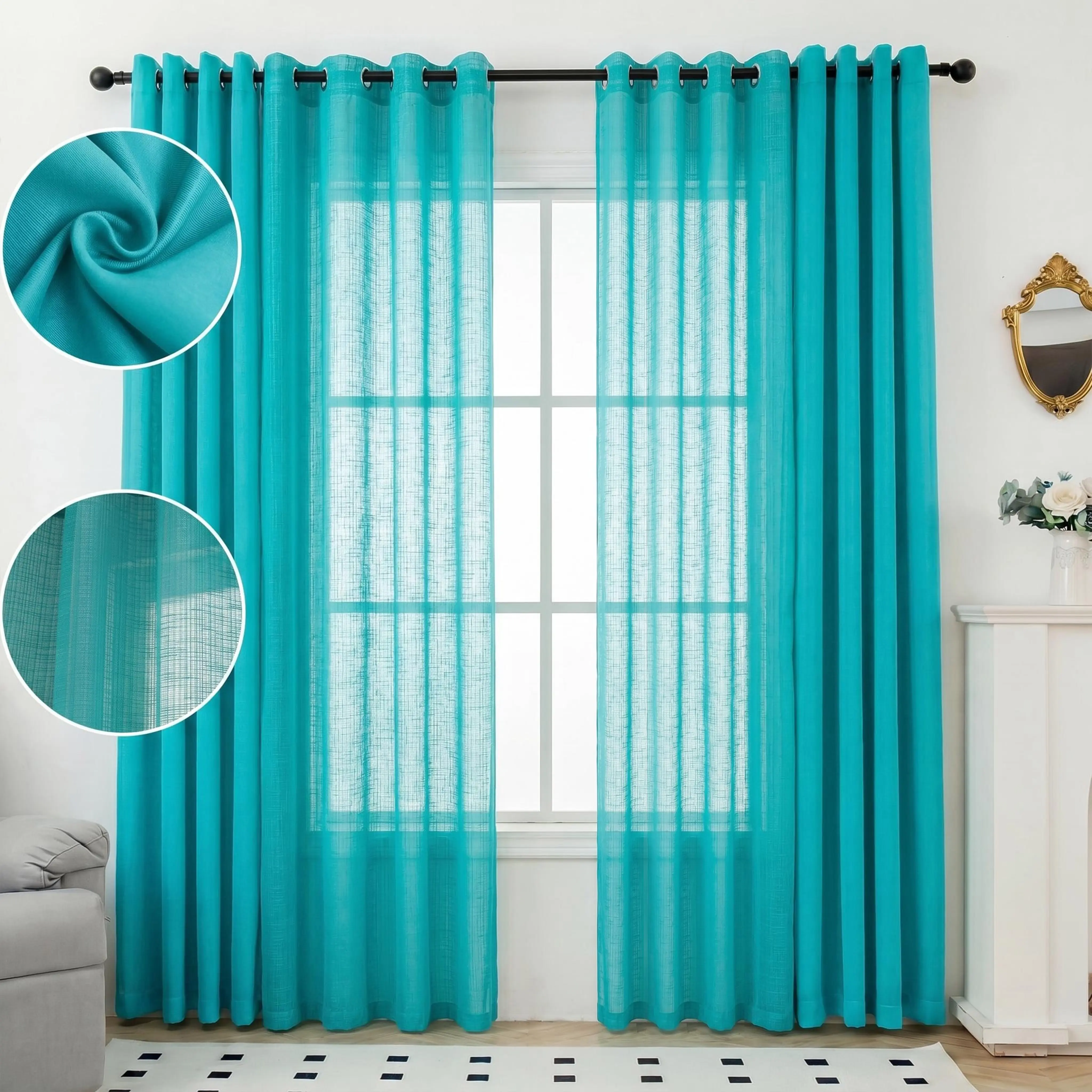 4 Pcs Grommet Top Curtain Set, Combo of 2 Cationic Curtains and 2 Bamboo Gauze Yarn Curtains, 52x95 inch Mixed Texture Window Drapes for Home DecorationL18 L12, Light Filtering Curtains, curtains for bedroom, Breathable