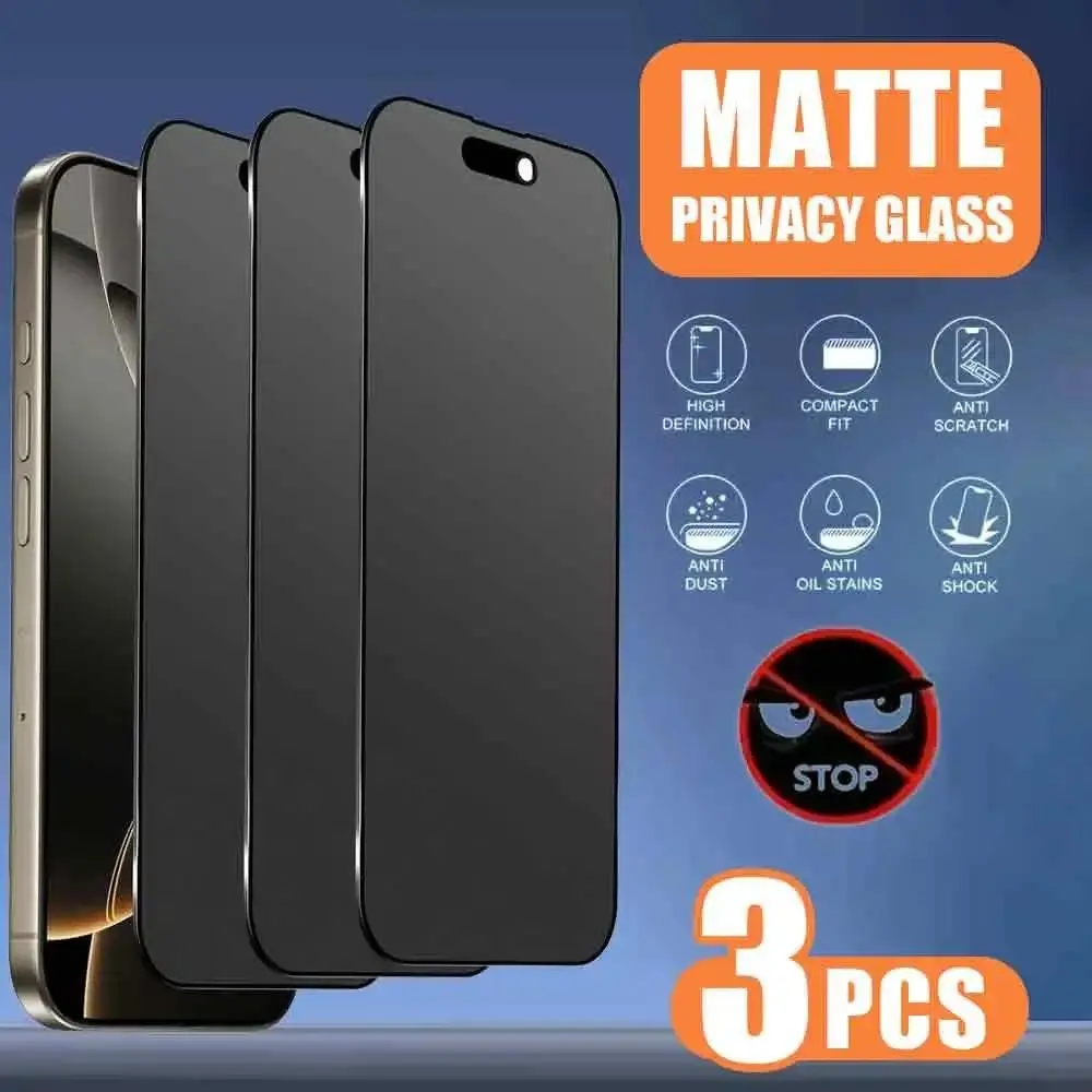 3 Pcs Matte Privacy Screen Guard Protective Screen Protector, Protective Mobile Accessory, Compatible With iPhone 17 16 Pro Max 15 14 13 12, Frosted Anti-Peeping, 9H Tempered Glass Film, Full Coverage, Anti-Fingerprints, Anti-Fall
