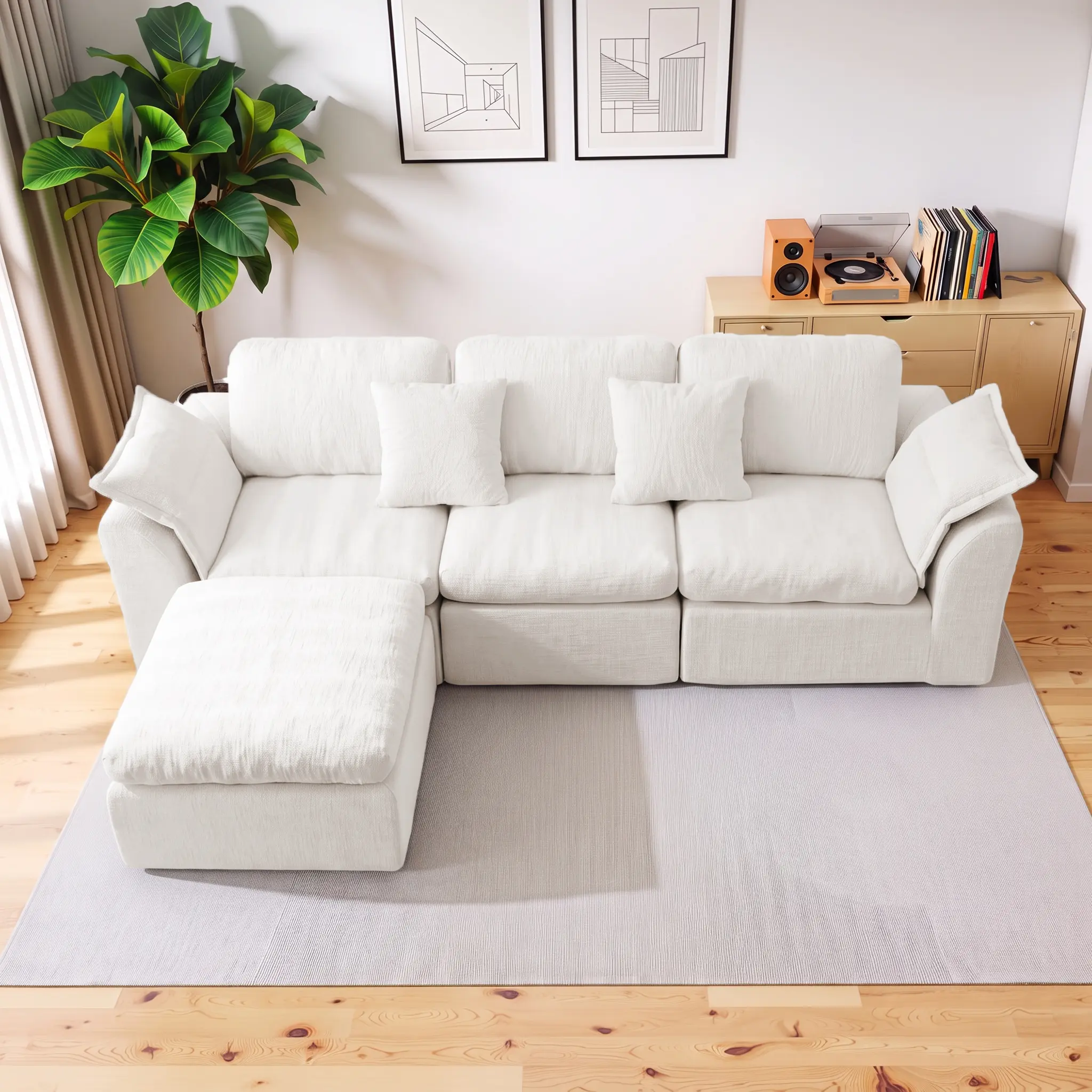 Modular Sectional Sofa with Ottoman, L‑Shape Corduroy Cloud Couch, No Assembly Convertible Sleeper Sofa Bed for Small Space Living Room Apartment，White