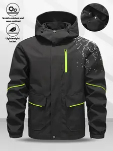 Men's Hooded Windproof Jacket, Colorblock Reflective Strips, Waterproof Wear-Resistant Workwear, Multi-Pocket Outerwear, Youth Casual Loose Fit