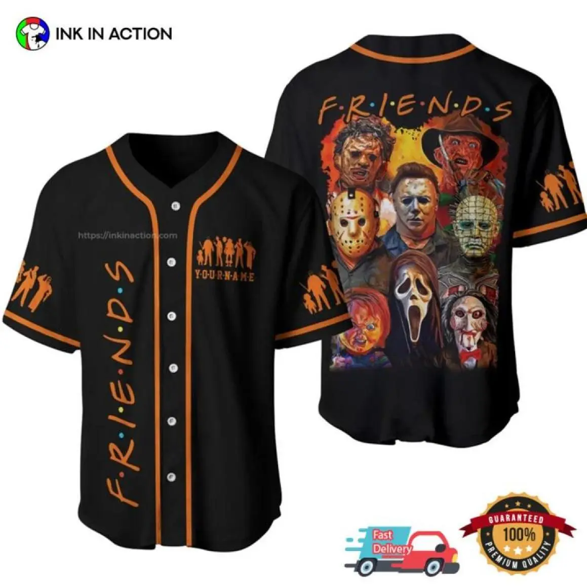 Horror Movie Characters FRIENDS Halloween Baseball Jersey, Scary Villains Team Shirt, Spooky Movie Tee, Perfect Halloween Gift