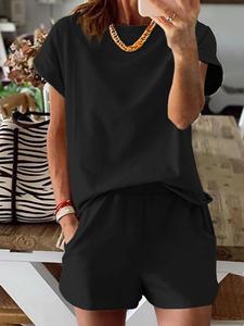women's solid co-ord set, casual short sleeve tee & elastic waist shorts set, back-to-school clothing, women's summer clothes for daily wear, womenswear, casual outfits women