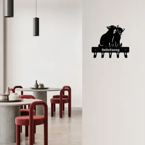 Pack Couple Cat Metal Key Holder – Wall-Mount Hook with Artful Design | Includes Decorative Accessories, Key Chain, and Key Ring | Charming and Functional Décor for Cat Lovers