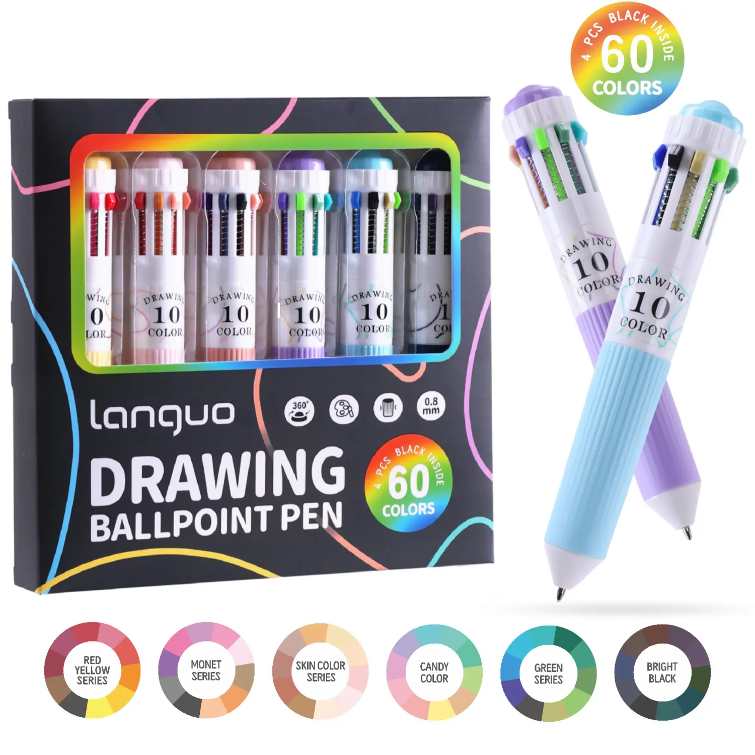 6/12 Pack Multicolor Pens, 60/120 Colors, 10 in 1 Colored Ballpoint Pen,0.8mm Fine Point Smooth Writing, Retractable Ballpoint Pens for Office School Students Gifts