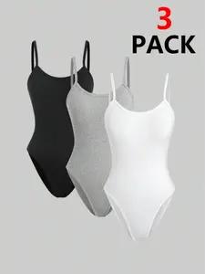 【US Shipping】3 Pack Women's Bodysuit - Spaghetti Strap Short Sleeveless Basic Multicolored Summer Jumpsuit for Ladies US Shipping