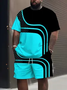 Men's Plus Size Summer Two-Piece Set, Round Neck Short Sleeve Tee & Pocket Drawstring Shorts, Casual Loose-Fitting, Menswear