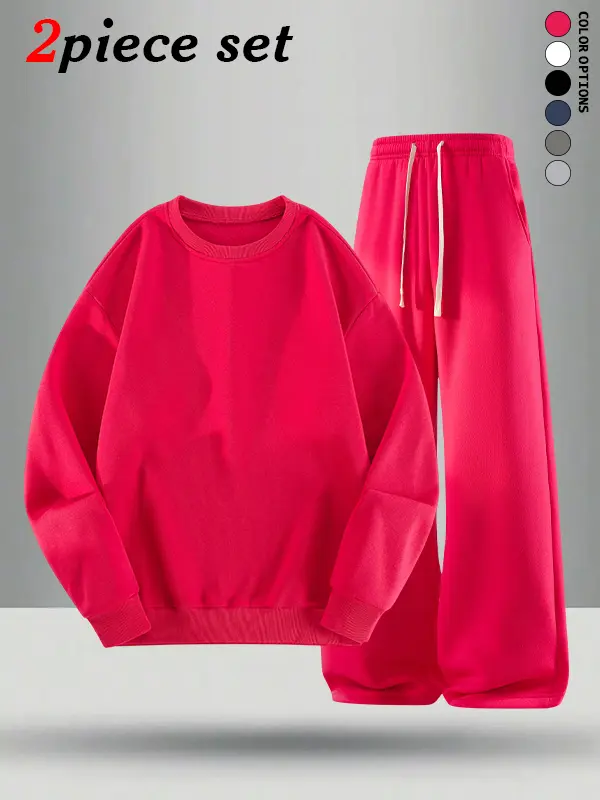 Men’s two-piece set featuring a crewneck sweatshirt and long pants for autumn/winter, loose casual style that’s easy to match, available in multiple colors to suit different outfit preferences.