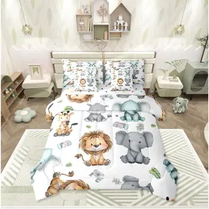 Cartoon Animals 7 Piece Comforter Bed Set,Nursery Child Bedroom Cute Lion Elephant Hippo Bedding Set,Tropical Bed Set,Palm Tree Leaves Bed Sheets,Quilt