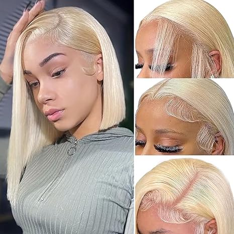 GK Blonde Bob Wig Human Hair Straight 613 Bob Wig 12 Inch 180 Density 13x4 Transparent Lace Wigs for Women Pre-Plucked with Baby Hair