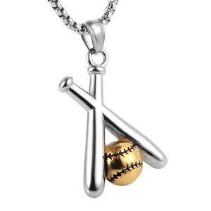HZMAN Baseball and Baseball Bat Cross Sports Stainless Steel Pendant Necklace 22+2'' Chain