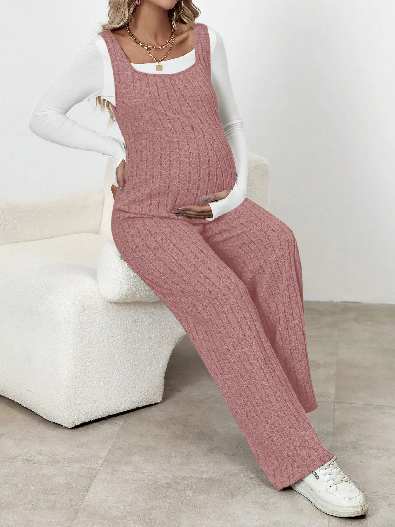 Maternity Solid Color Simple Round Neck Straight Leg Casual Loose Jumpsuit in Royal Blue High-Stretch Material for All Seasons
