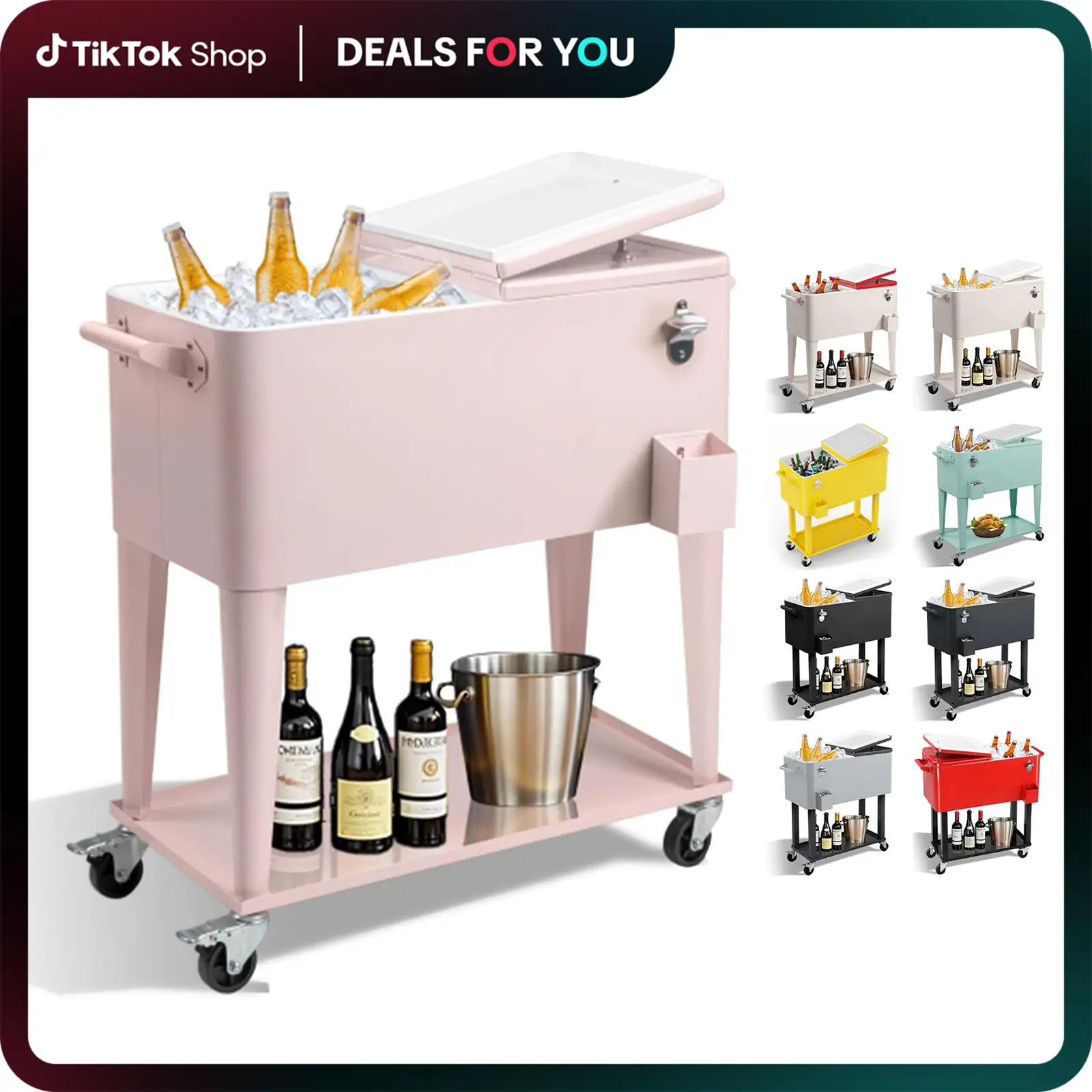 Outvita 80 Quart Rolling Ice Chest, Portable Bar Beverage Cooler with Catch Basin, Bottom Storage Tray and Bottle Opener for Patio Party BBQ Beach Eve