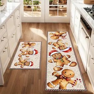 2 Pcs Kitchen Rug Gingerbread Man Printed Rug Set Farm Kitchen Carpet Dining Room Floor Laundry Room Decorative Carpet Pad Kitchen Rugs Sets