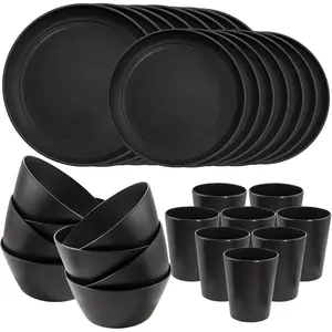 48 Pcs Black Wheat Straw Plates and Bowls Dinnerware Set Camping Dish Set for 12,Plastic Plates and Bowls,Dishwasher Safe Dinnerware Set,Unbreakable Plastic Camper Dish Sets