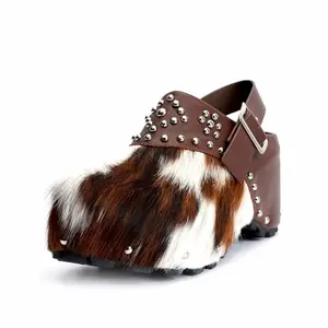 Studded Platform Clogs with Natural Calf Hair and Leather Lining