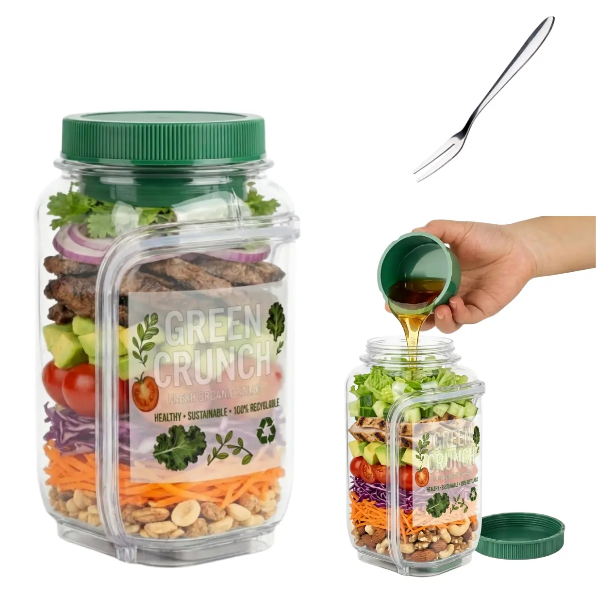Portable Salad bottles Mason Jar, Side Opening Lunch Container with Leakproof Dressing Cup, Healthy Meal Prep for Gym Work Travel