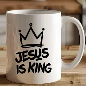 1pc 110z White Ceramic Mug Jesus Is the King Christian Coffee Mug with Crown and Cross Design Mug Suitable for Holiday Gifts, Birthdays, Weddings, Easter Coffee Mugs, Unique Coffee Mugs