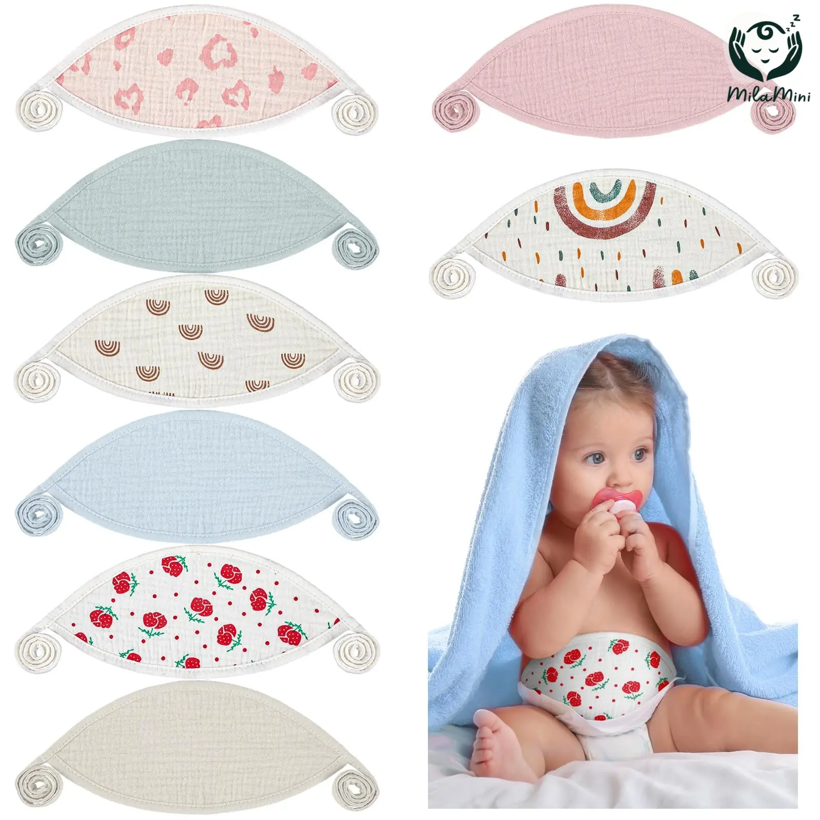 Milamini 8 Pcs Baby Newborn Infant Belly Wrap Adjustable Muslin Comfort Cotton Umbilical Cord Cover Band Infant Umbilical Cord Belly Band Baby Binder Navel Belt for Boy Girl Gifts, 0-12 Months