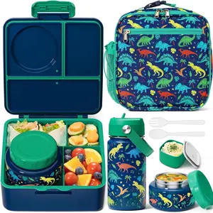 Bento Box for  Adult - Leakproof 3-4 Compartments Lunch Bento Box Set with Insulated Thermos  Jar, Water Bottle, Lunch Bag, Sauce Cup & Cutlery for  Girl Boy  3+